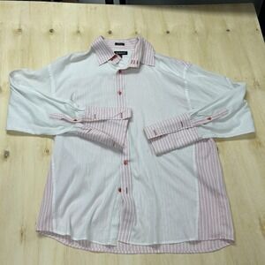 Koman Sport Shirt Mens 2XL White Pink Striped Long Sleeve Button Up Casual